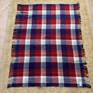 Vintage Faribo Wool Throw Blanket Blue Red Plaid 60x43
